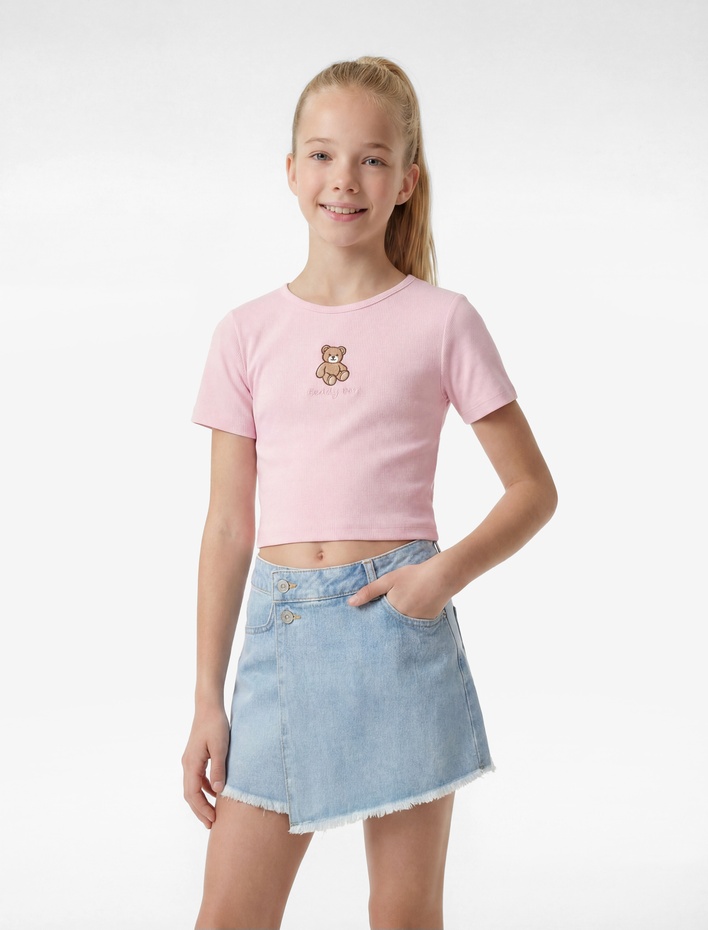 Kız Çocuk Ayıcık Nakışlı Kısa Kollu Bisiklet Yaka Pamuklu Tişört