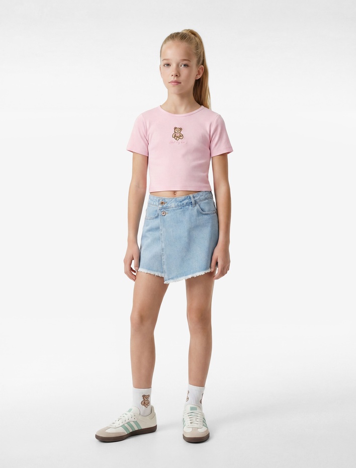 Kız Çocuk Ayıcık Nakışlı Kısa Kollu Bisiklet Yaka Pamuklu Tişört