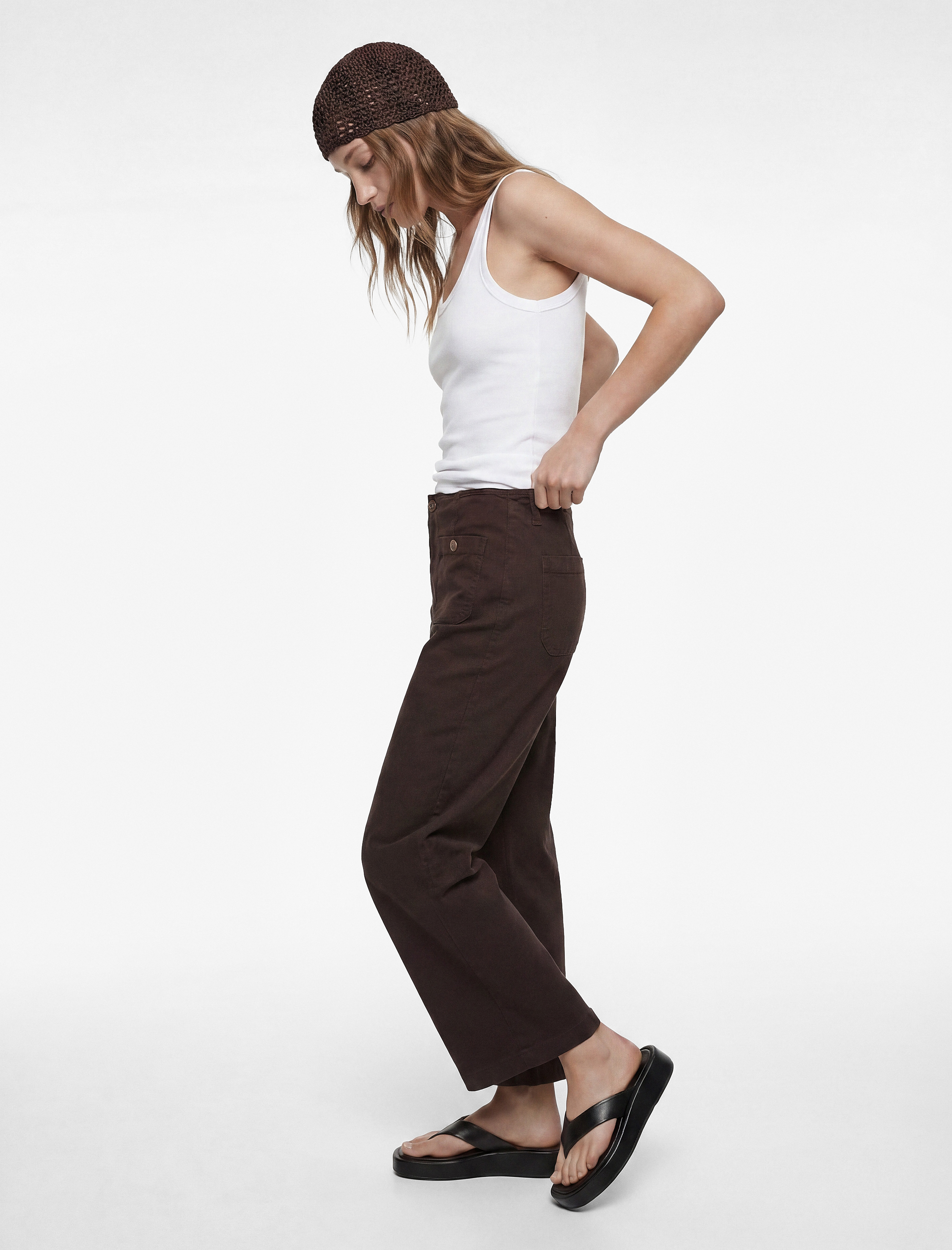   Yüksek Bel Pamuklu Cep Detaylı Geniş Kısa Paça Pantolon - Culotte Jeans