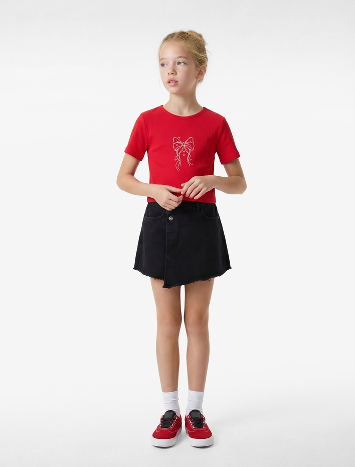 Kız Çocuk Fiyonk baskılı Bisiklet Yaka Kısa Kollu Kaşkorse Pamuklu Tişört