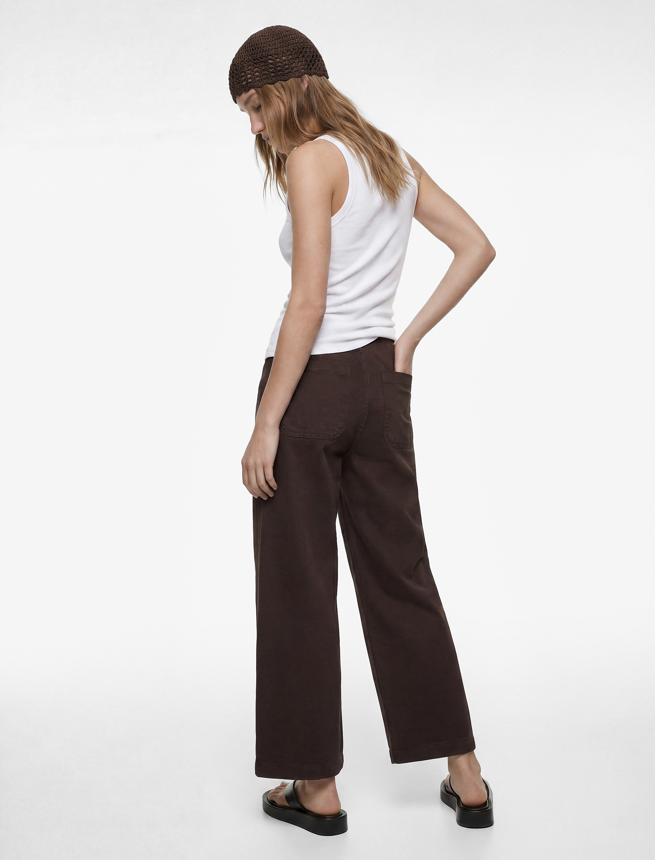   Yüksek Bel Pamuklu Cep Detaylı Geniş Kısa Paça Pantolon - Culotte Jeans