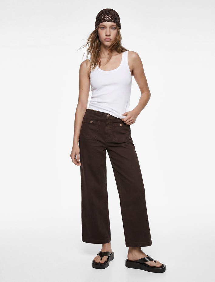  Yüksek Bel Pamuklu Cep Detaylı Geniş Kısa Paça Pantolon - Culotte Jeans