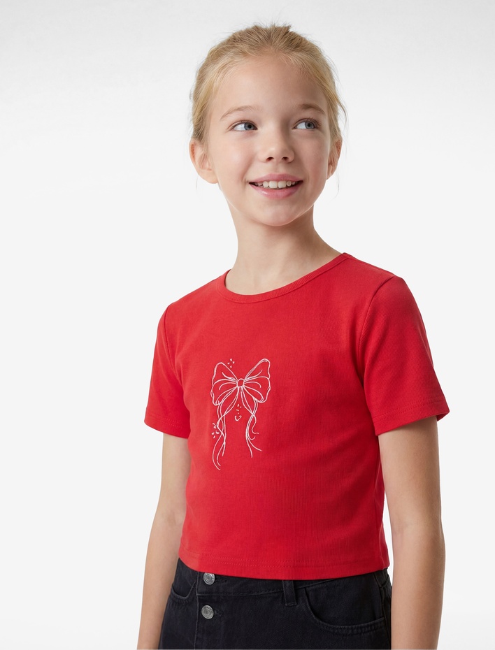 Kız Çocuk Fiyonk baskılı Bisiklet Yaka Kısa Kollu Kaşkorse Pamuklu Tişört