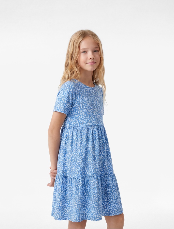 Kız Çocuk Bisiklet Yaka Kısa Kollu Kat Detaylı Desenli Elbise