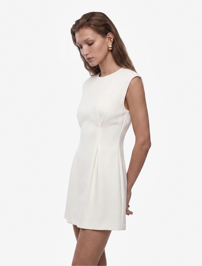  Pileli A Kesim Kolsuz Bisiklet Yaka Mini Elbise