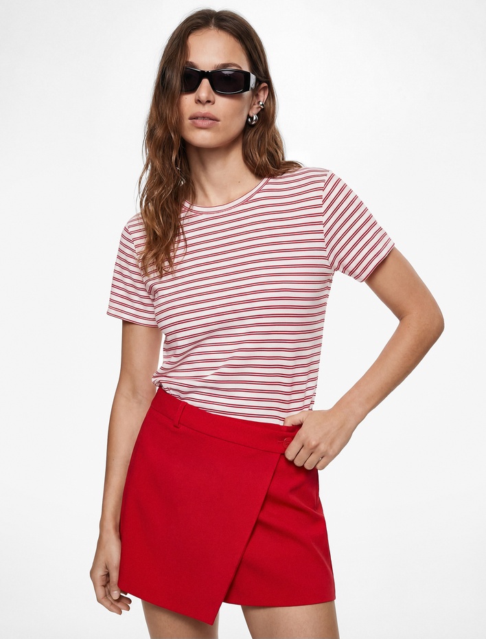  Pamuklu Kısa Kollu Bisiklet Yaka Çizgili Tişört