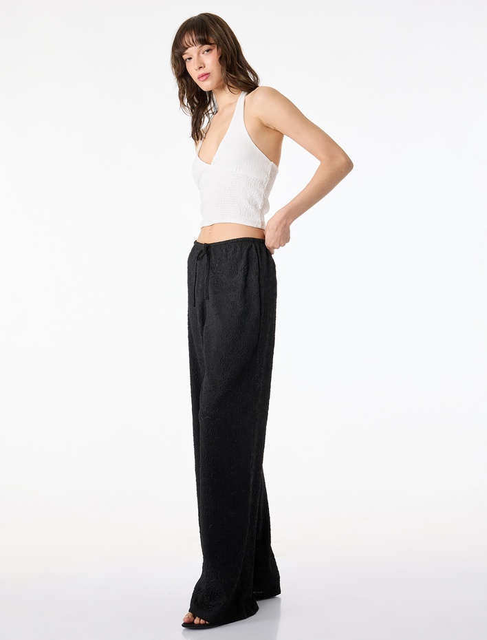  Beli Bağcıklı Düz Paça Dokulu Bürümcük Pantolon