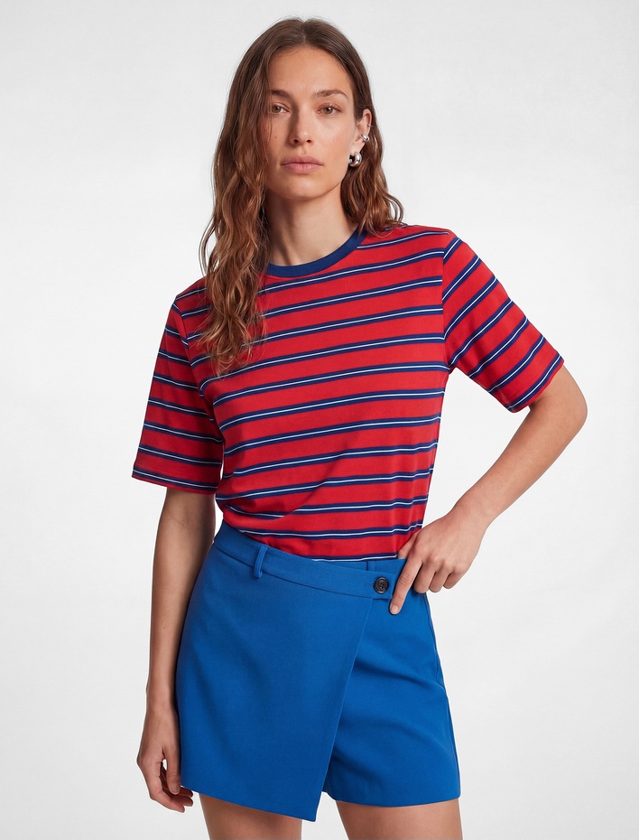  Pamuklu Regular Fit Kısa Kollu Bisiklet Yaka Çizgili Tişört