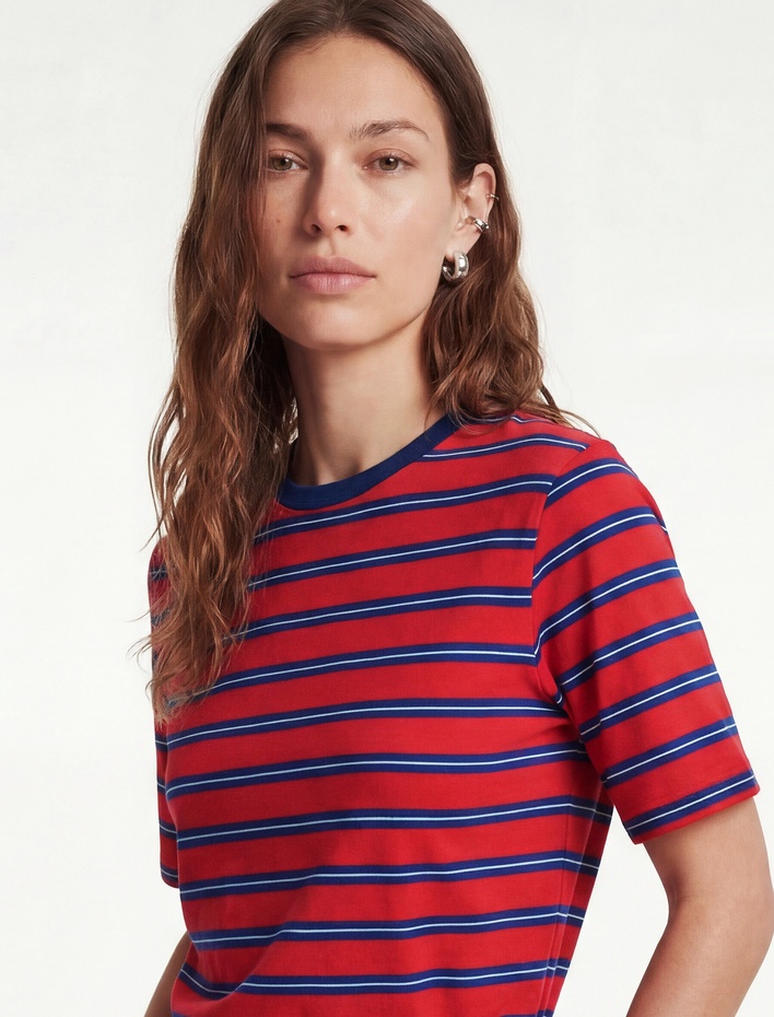  Pamuklu Regular Fit Kısa Kollu Bisiklet Yaka Çizgili Tişört