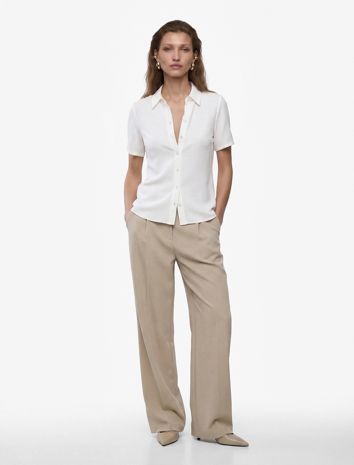  Regular Fit Klasik Yaka Düğmeli Viskon Kısa Kollu Gömlek