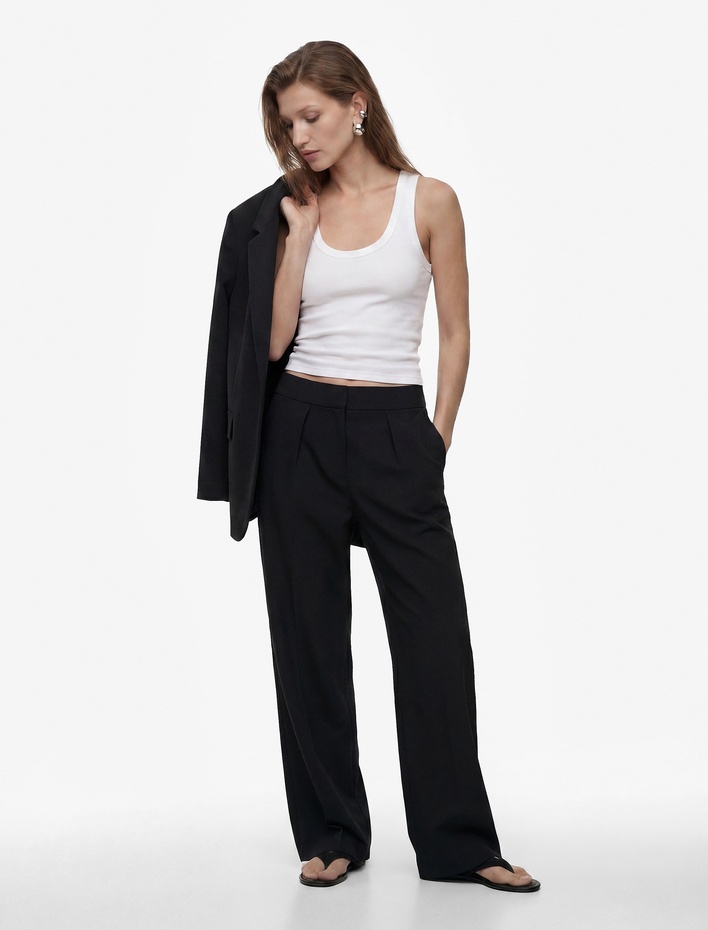  Rahat Kalıp Yüksek Bel Viskon Karışımlı Pileli Balon Pantolon