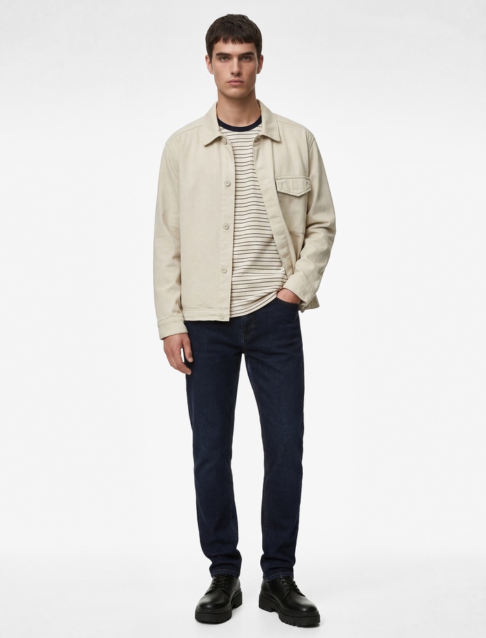  Pamuklu Uzun Kollu Kapaklı Cepli Gömlek Yaka Düğmeli Oversize Jean Ceket