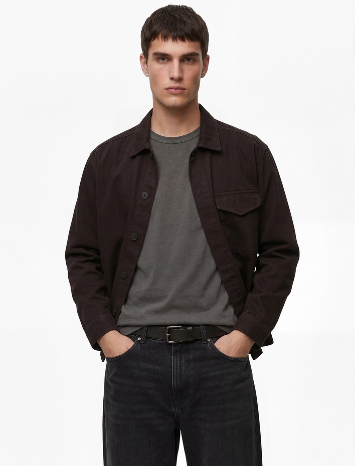  Pamuklu Uzun Kollu Kapaklı Cepli Gömlek Yaka Düğmeli Oversize Jean Ceket