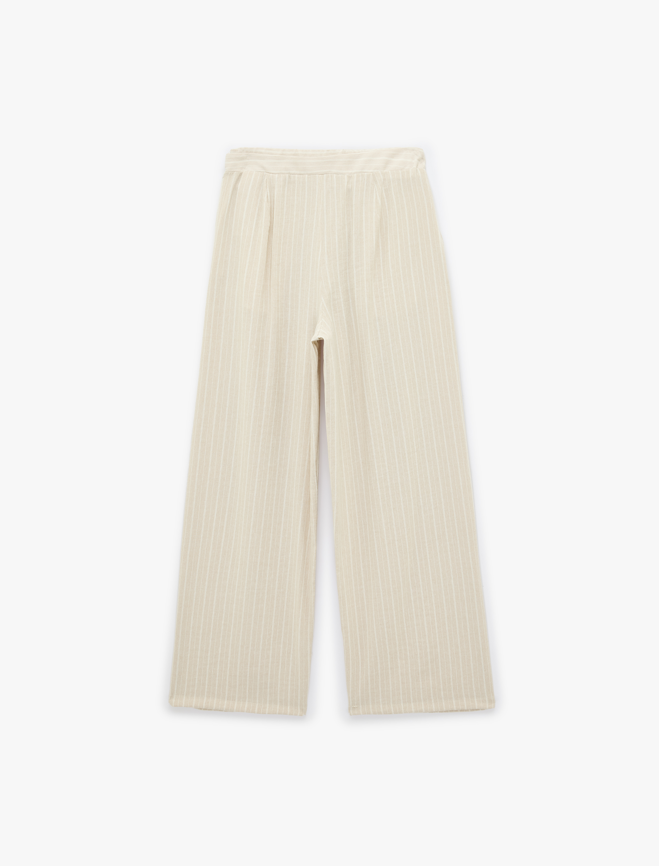   Viskon Karışımlı Cepli Pile Detaylı Düz Bol Paça Çizgili Kumaş Pantolon