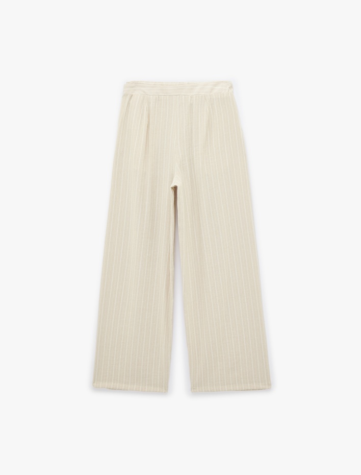  Viskon Karışımlı Cepli Pile Detaylı Düz Bol Paça Çizgili Kumaş Pantolon