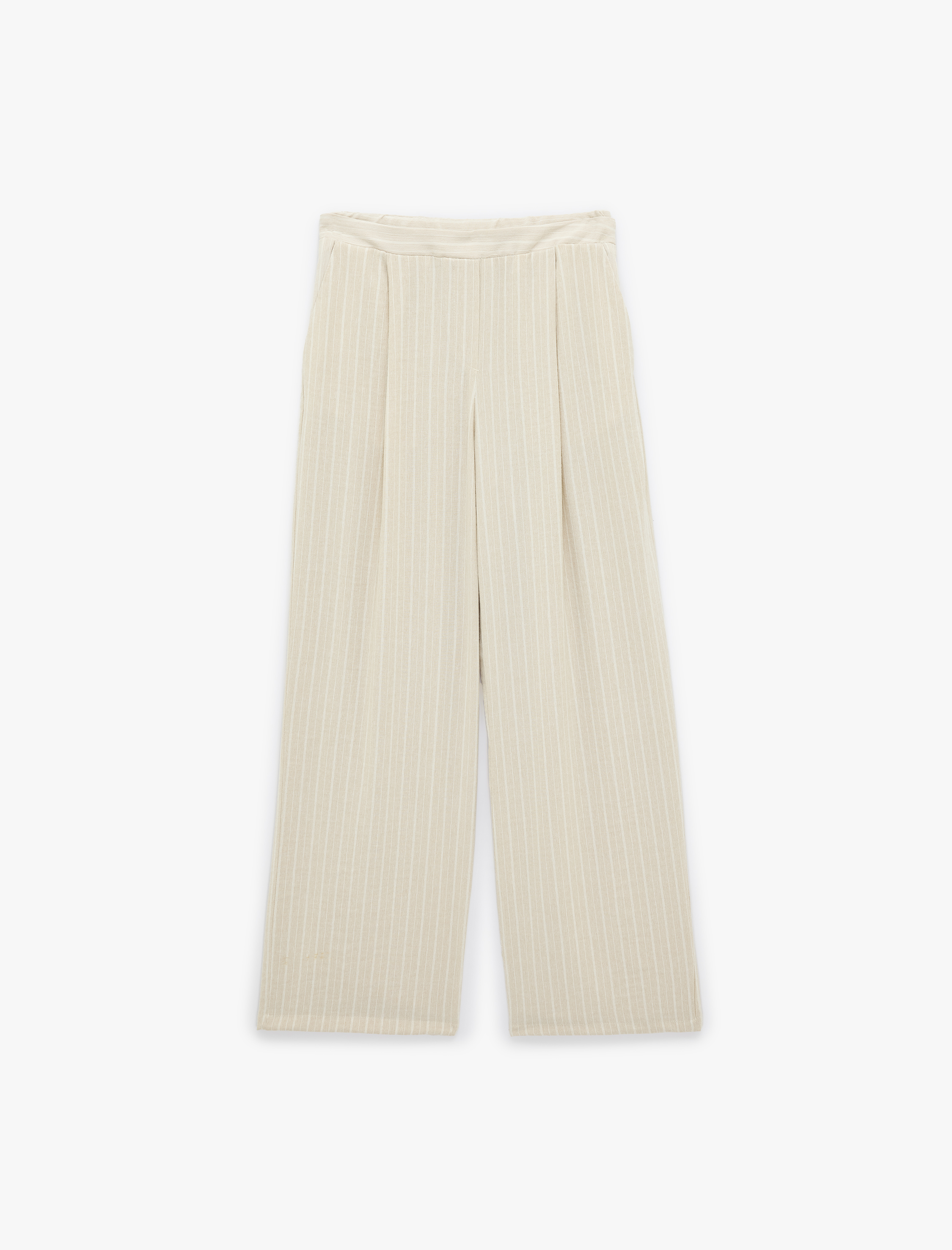   Viskon Karışımlı Cepli Pile Detaylı Düz Bol Paça Çizgili Kumaş Pantolon