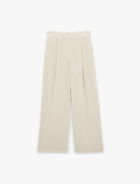 Viskon Karışımlı Cepli Pile Detaylı Düz Bol Paça Çizgili Kumaş Pantolon