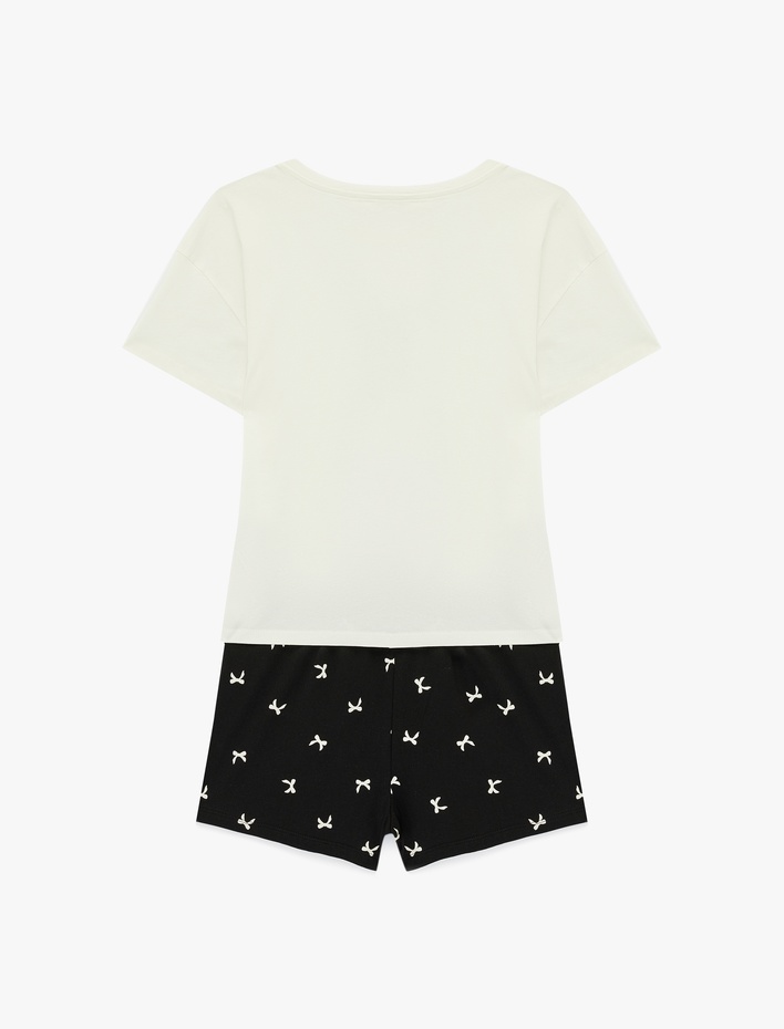  Pamuklu Baskılı Kısa Kollu Tişört ve Şortlu Pijama Takımı