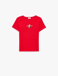 Baskılı Kısa Kollu Bisiklet Yaka Pamuklu Tişört