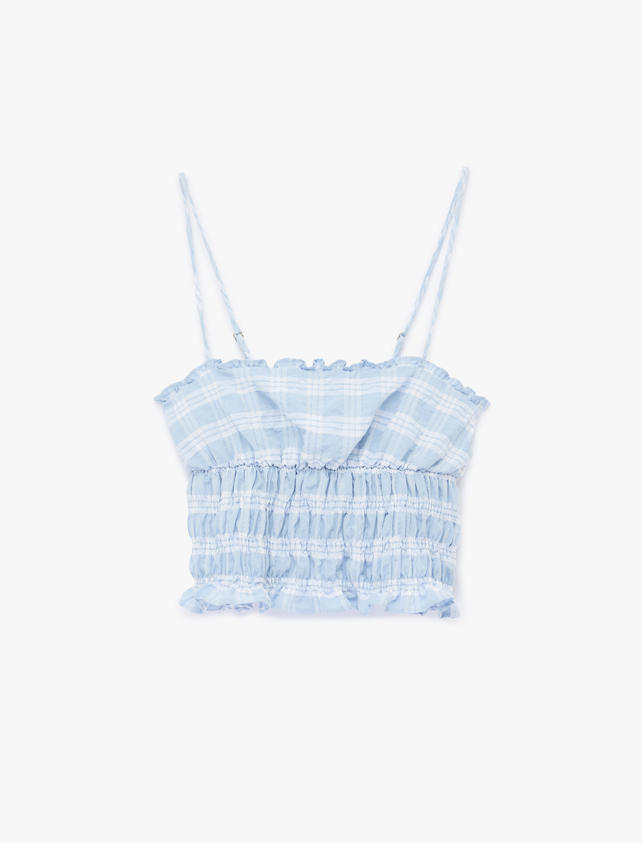   Slim Fit Gofre Kumaş Gipeli Kolsuz Kareli Crop Bluz