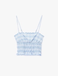 Slim Fit Gofre Kumaş Gipeli Kolsuz Kareli Crop Bluz
