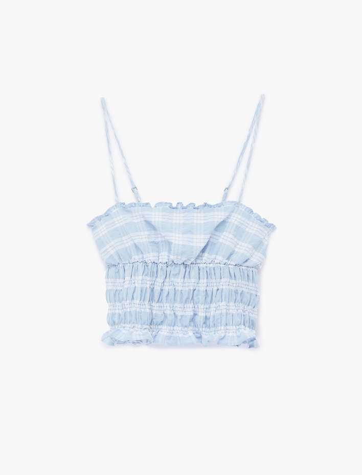  Slim Fit Gofre Kumaş Gipeli Kolsuz Kareli Crop Bluz
