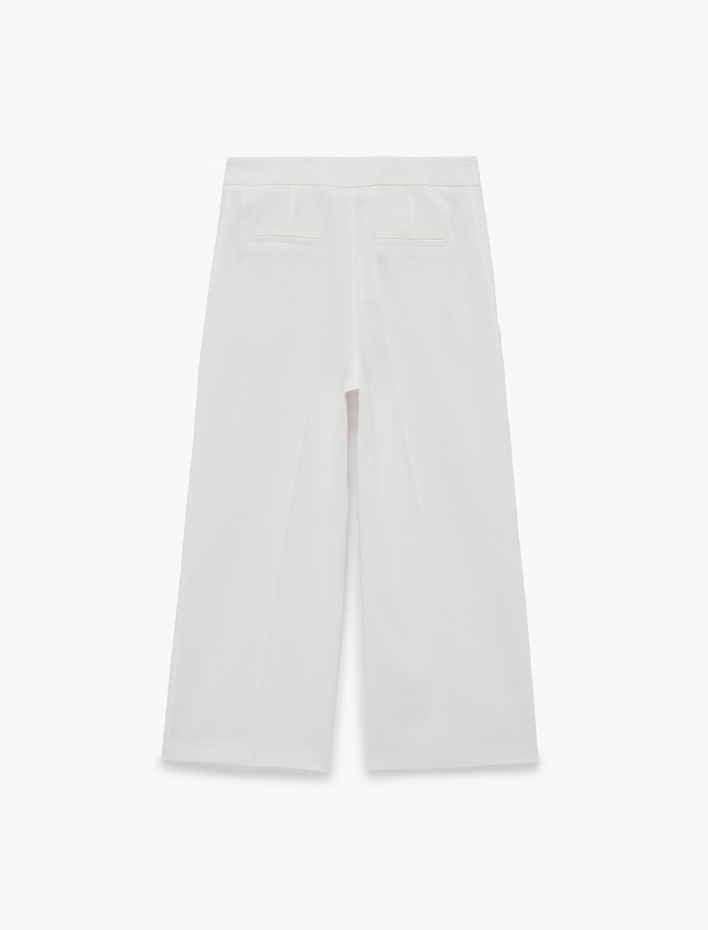  Cepli Düz Geniş Paça Keten Pantolon