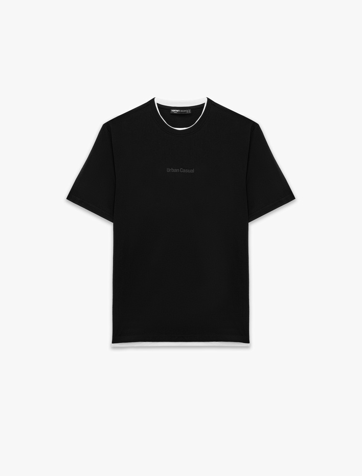  Regular Fit Kısa Kollu Bisiklet Yaka Pamuklu Kontrast Detaylı Baskılı Tişört