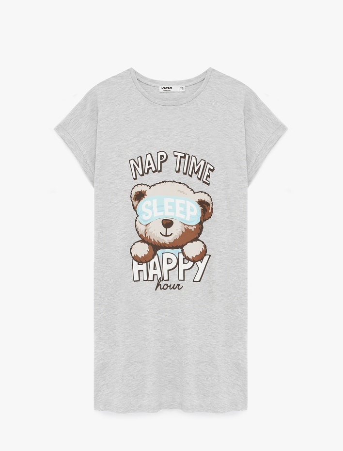  Rahat Kalıp Bisiklet Yaka Ayıcık Baskılı Kısa Kollu Gecelik