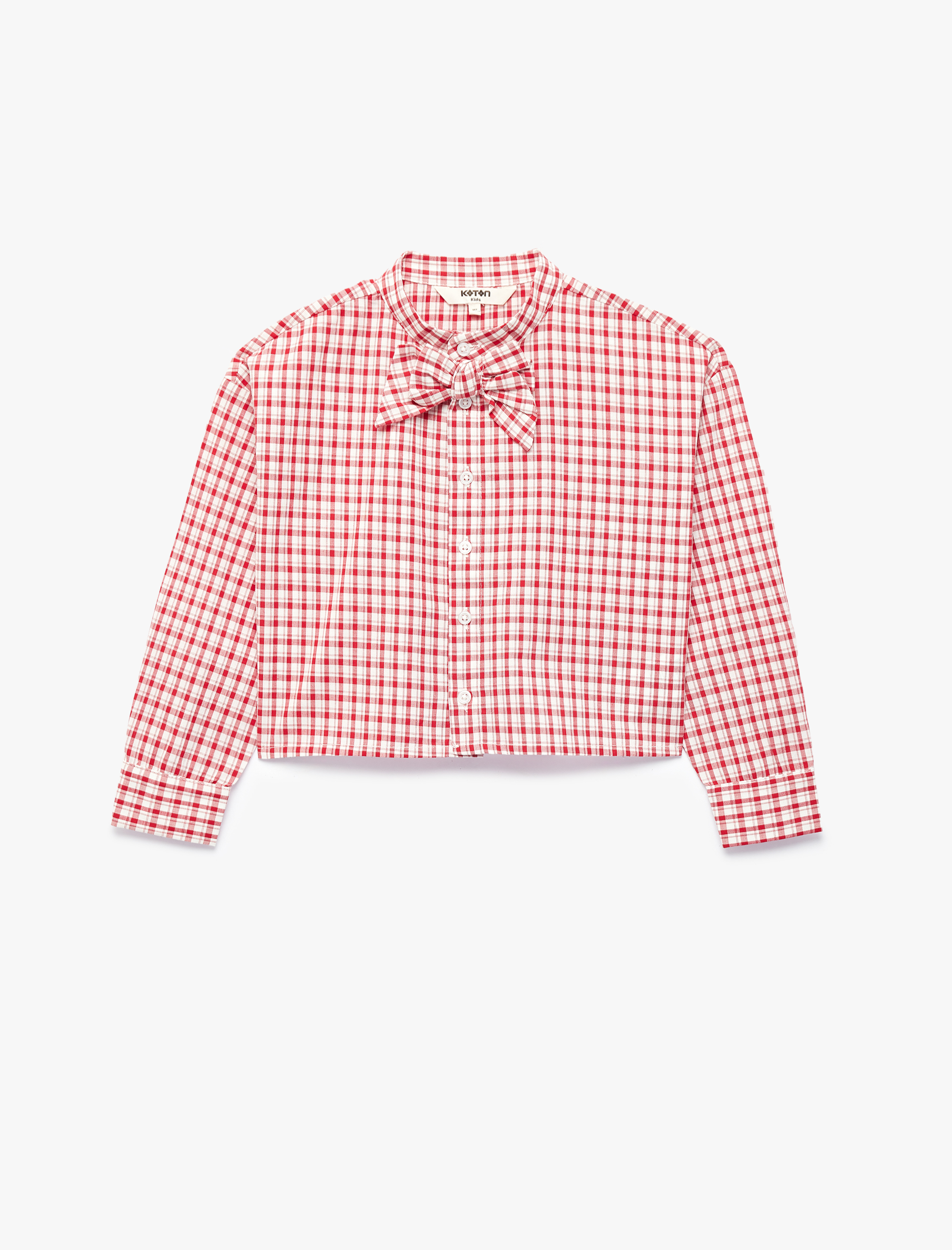  Kız Çocuk Pamuklu Uzun Kollu Fiyonk Detaylı Hakim Yaka Ekoseli Gömlek