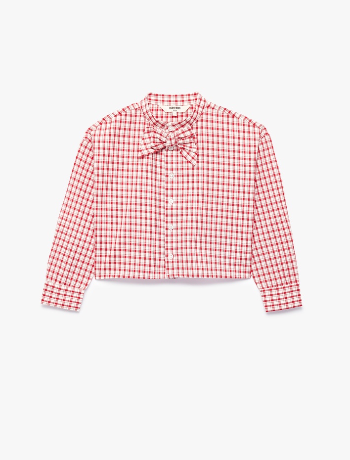 Kız Çocuk Pamuklu Uzun Kollu Fiyonk Detaylı Hakim Yaka Ekoseli Gömlek