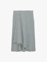 Viskon Karışımlı Asimetrik A Kesim Kareli Uzun Etek