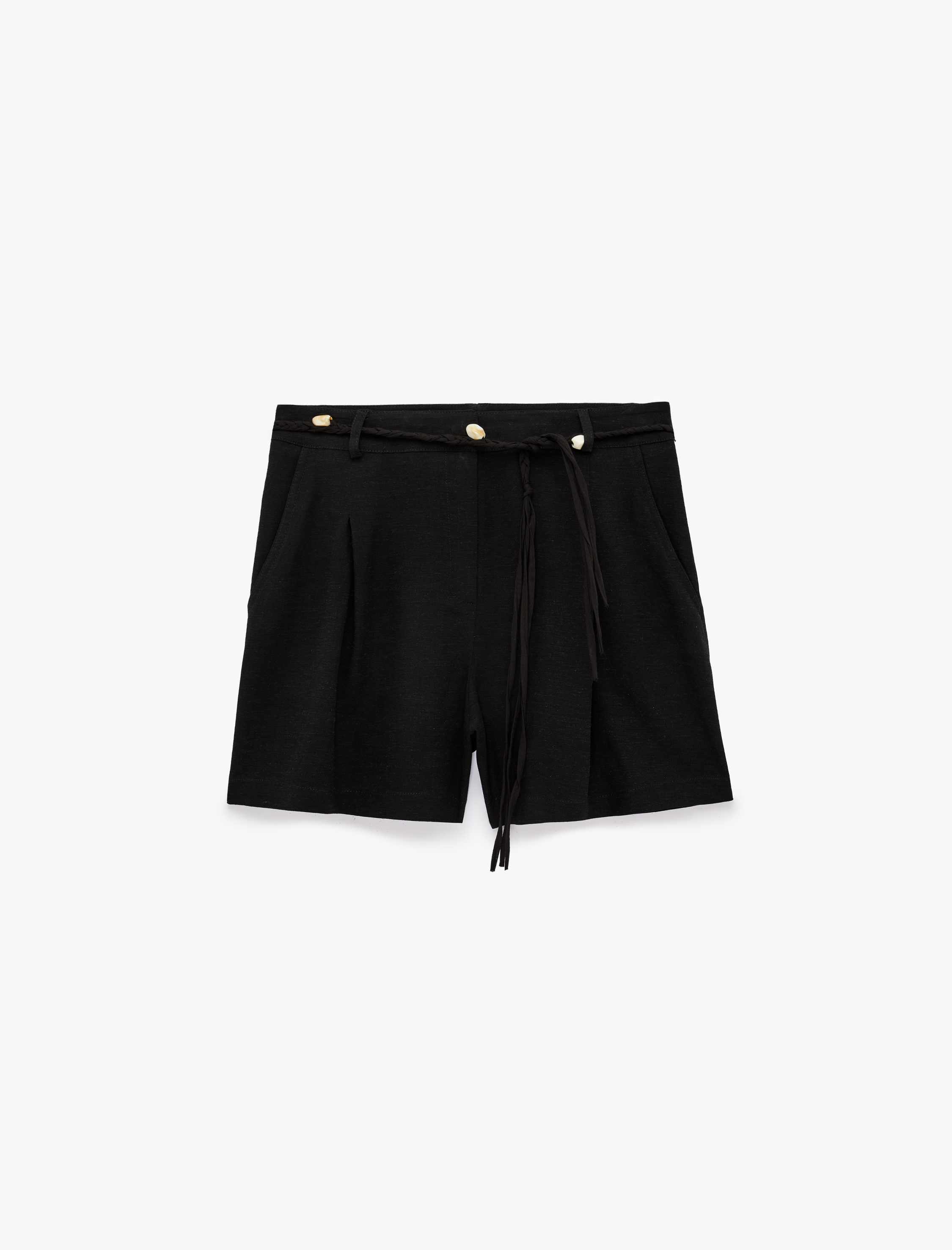   Keten Karışımlı Pileli Cepli Kemerli Mini Şort