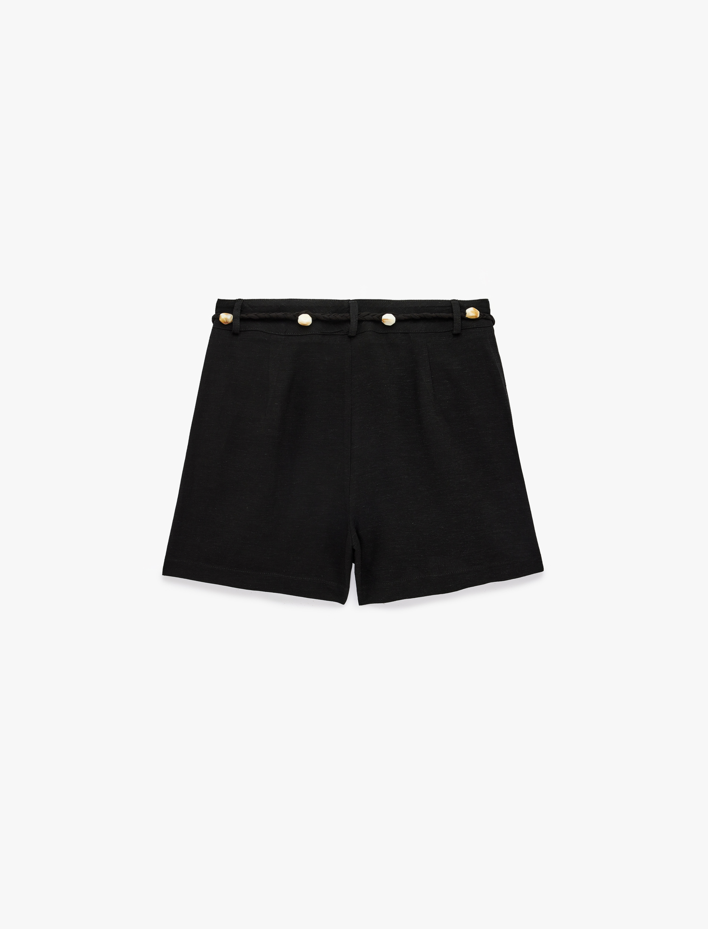   Keten Karışımlı Pileli Cepli Kemerli Mini Şort