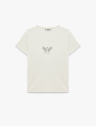 Slim Fit Pamuklu Kısa Kollu Bisiklet Yaka Melek Baskılı Tişört