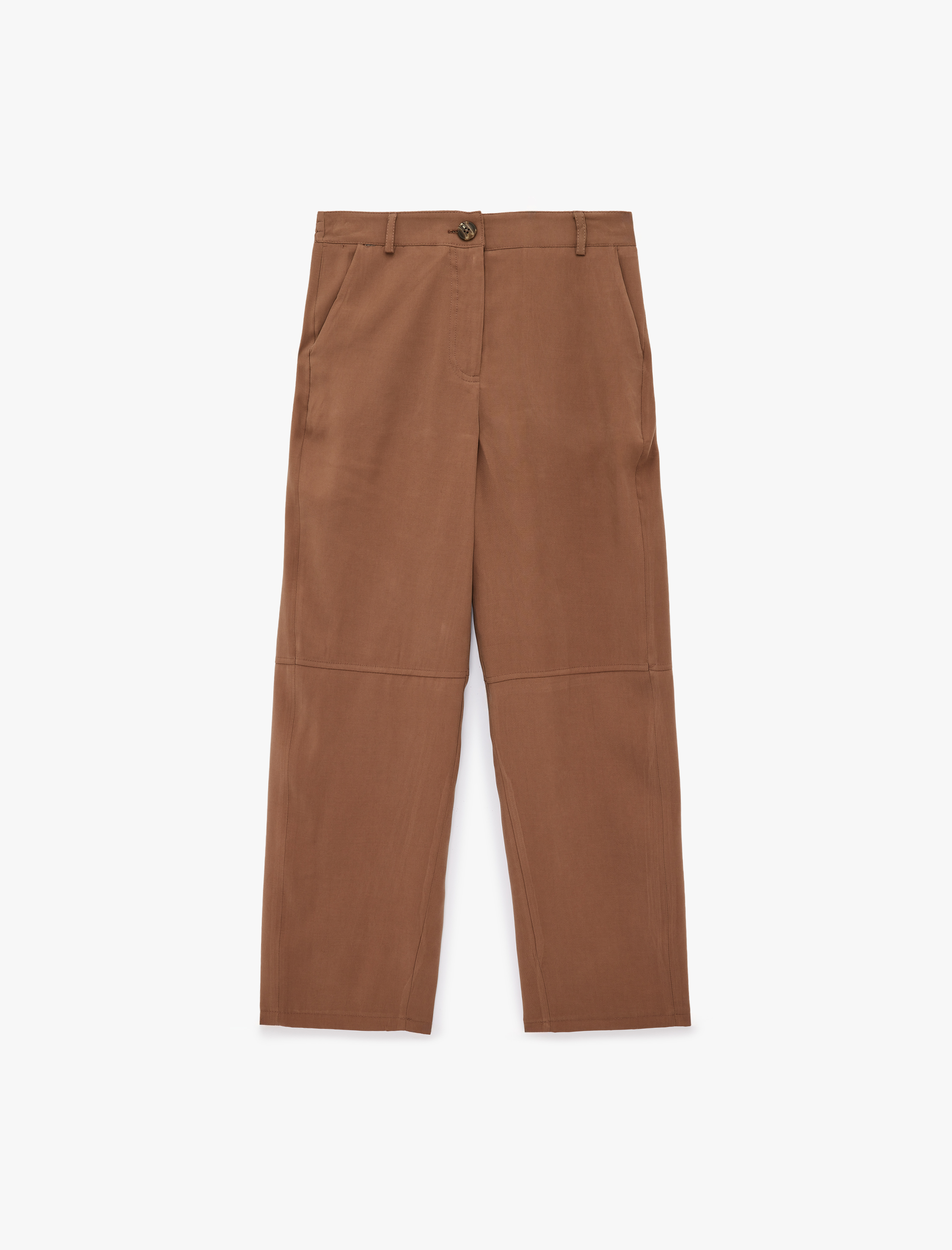   Viskon Cupro Kumaş Beli Lastikli Cepli Düz Bol Paça Pantolon