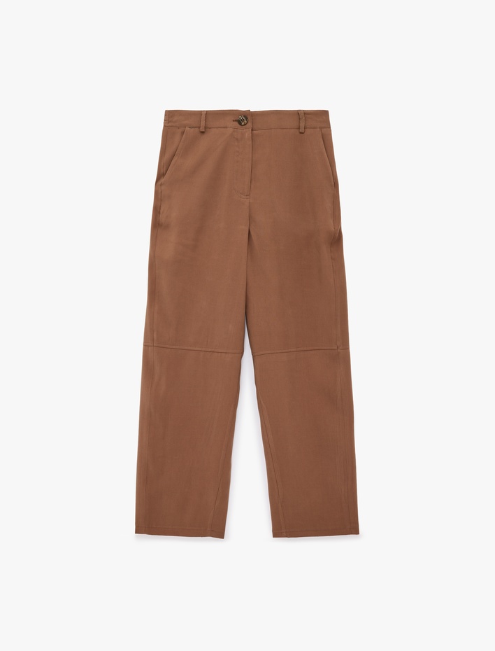  Viskon Cupro Kumaş Beli Lastikli Cepli Düz Bol Paça Pantolon