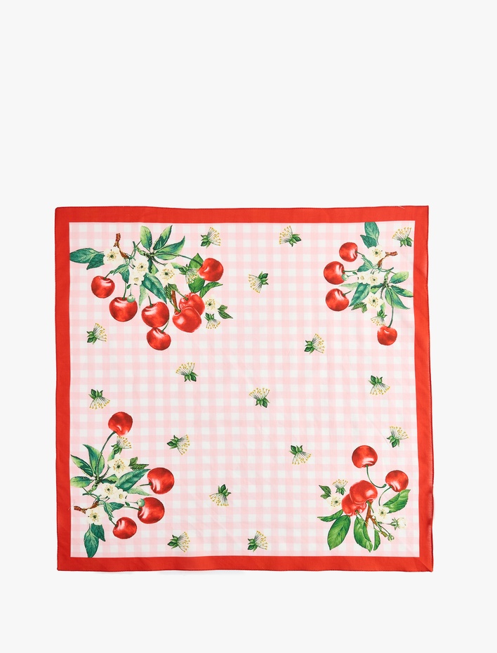 Kadın Kiraz Desenli Saten Kare Fular