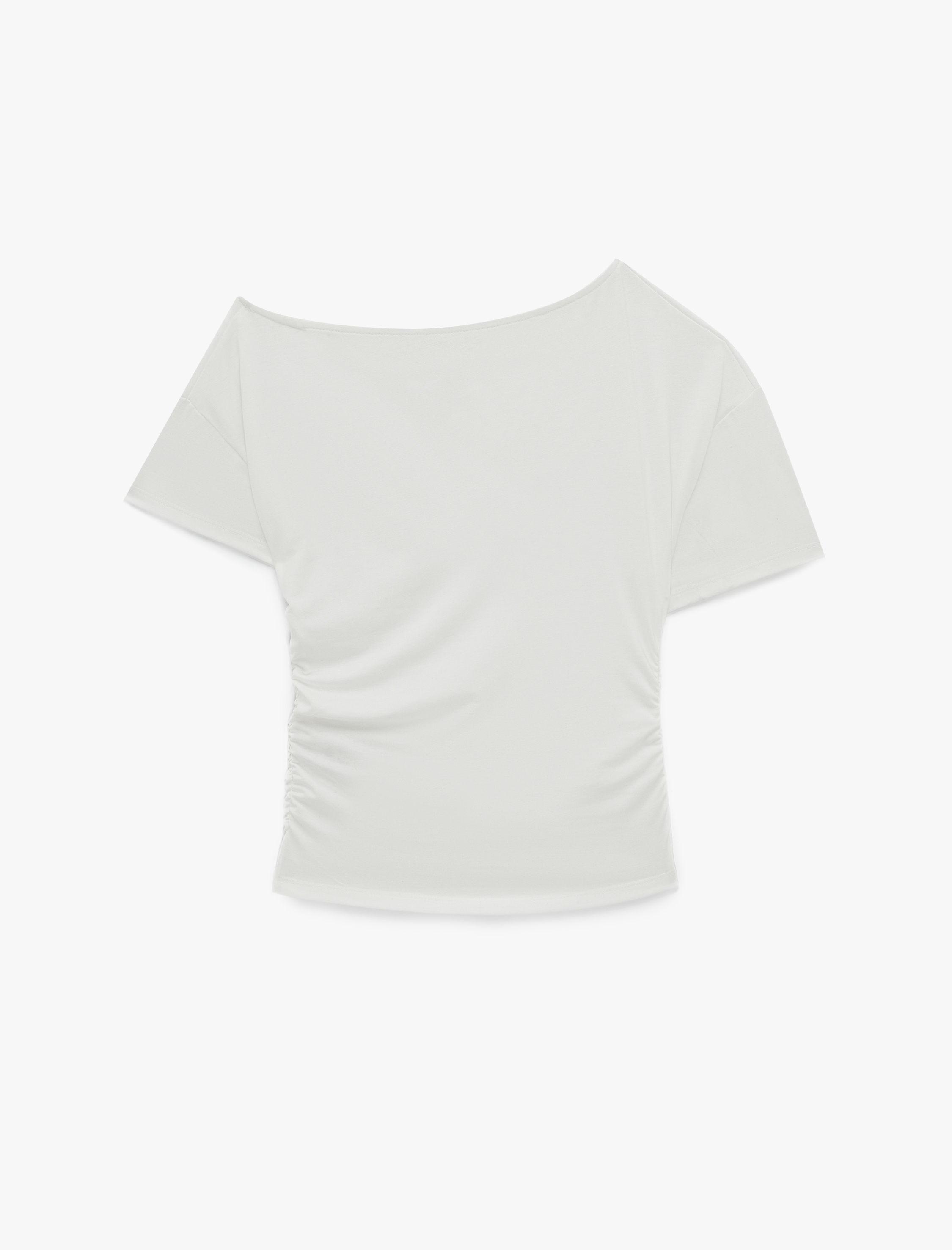   Regular Fit Kısa Kollu Viskon Karışımlı Drapeli Omzu Açık Tişört