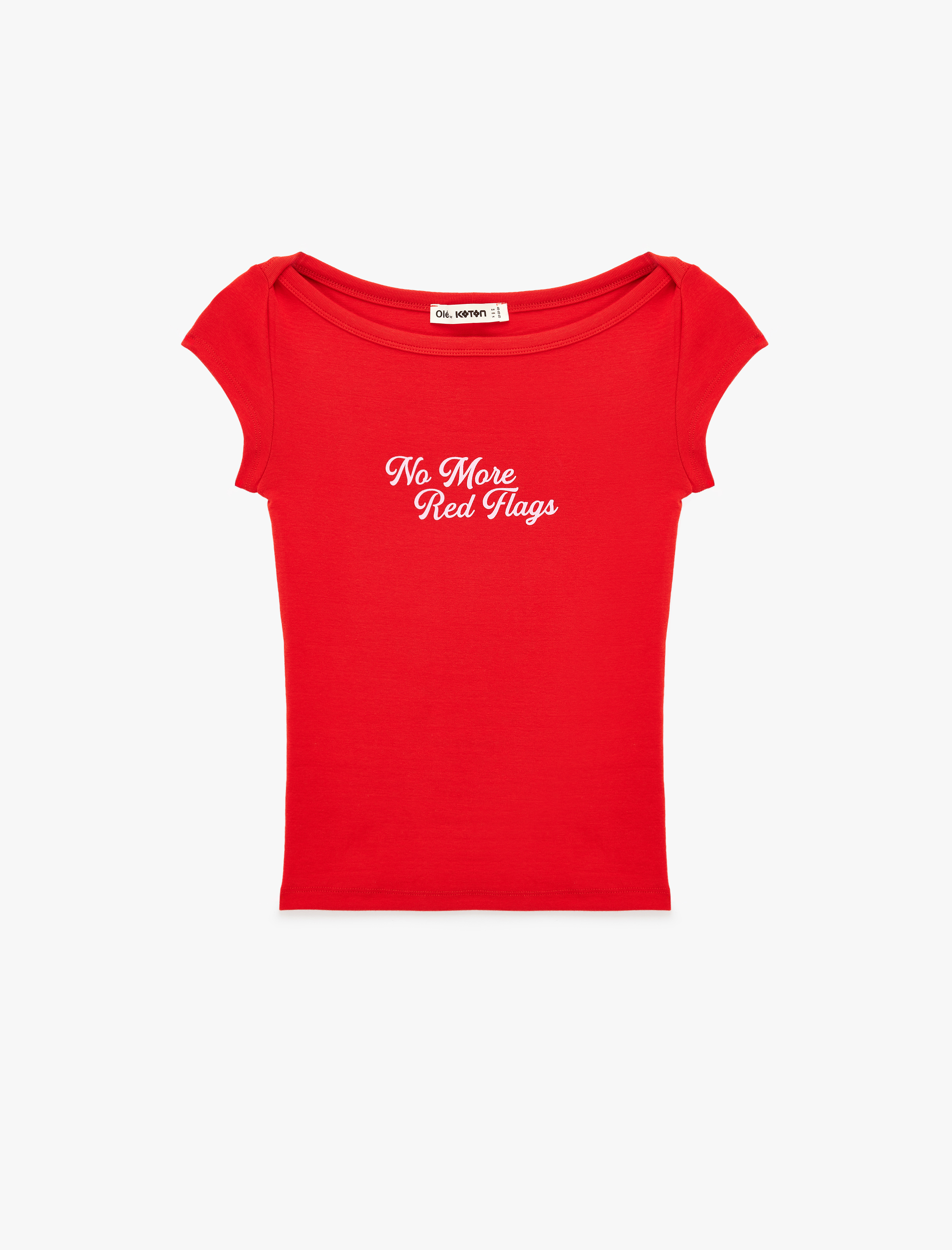   Modal Karışımlı Kayık Yaka Kısa Kollu Slim Fit Crop Baskılı Tişört