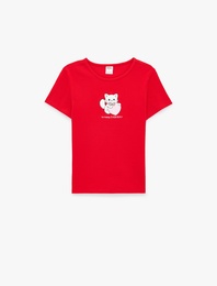 Pamuklu Kısa Kollu Bisiklet Yaka Kedi Baskılı Tişört