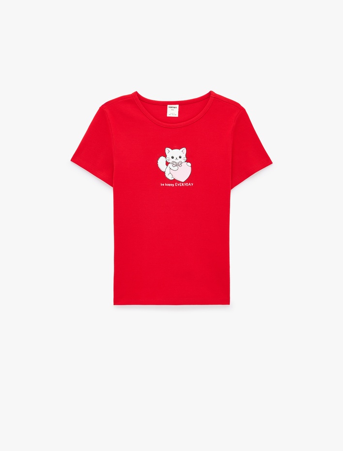 Kız Bebek Pamuklu Kısa Kollu Bisiklet Yaka Kedi Baskılı Tişört