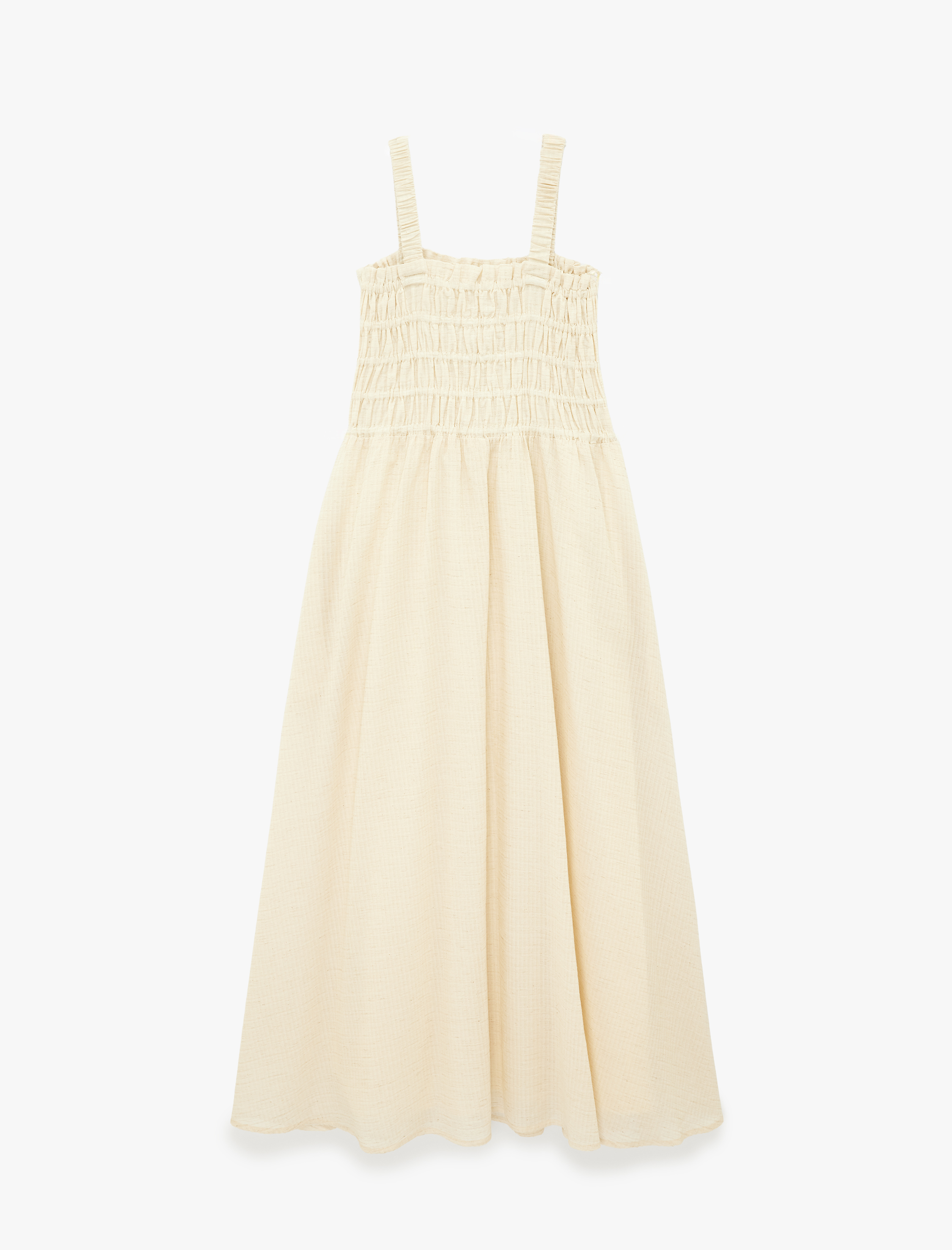   Keten Karışımlı Kare Yaka Yanları Bağlamalı Fiyonklu Büzgülü Askılı Uzun Elbise