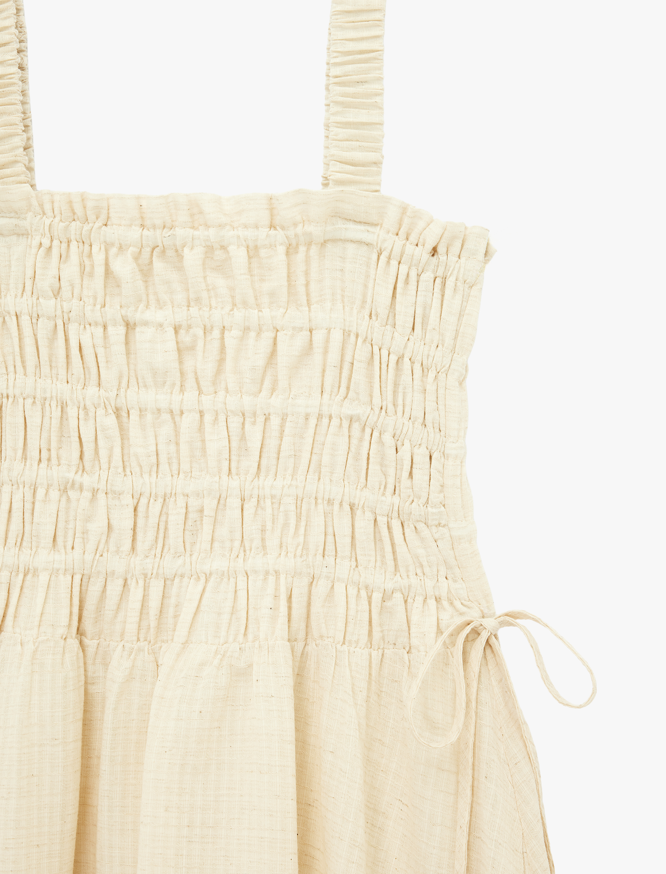   Keten Karışımlı Kare Yaka Yanları Bağlamalı Fiyonklu Büzgülü Askılı Uzun Elbise