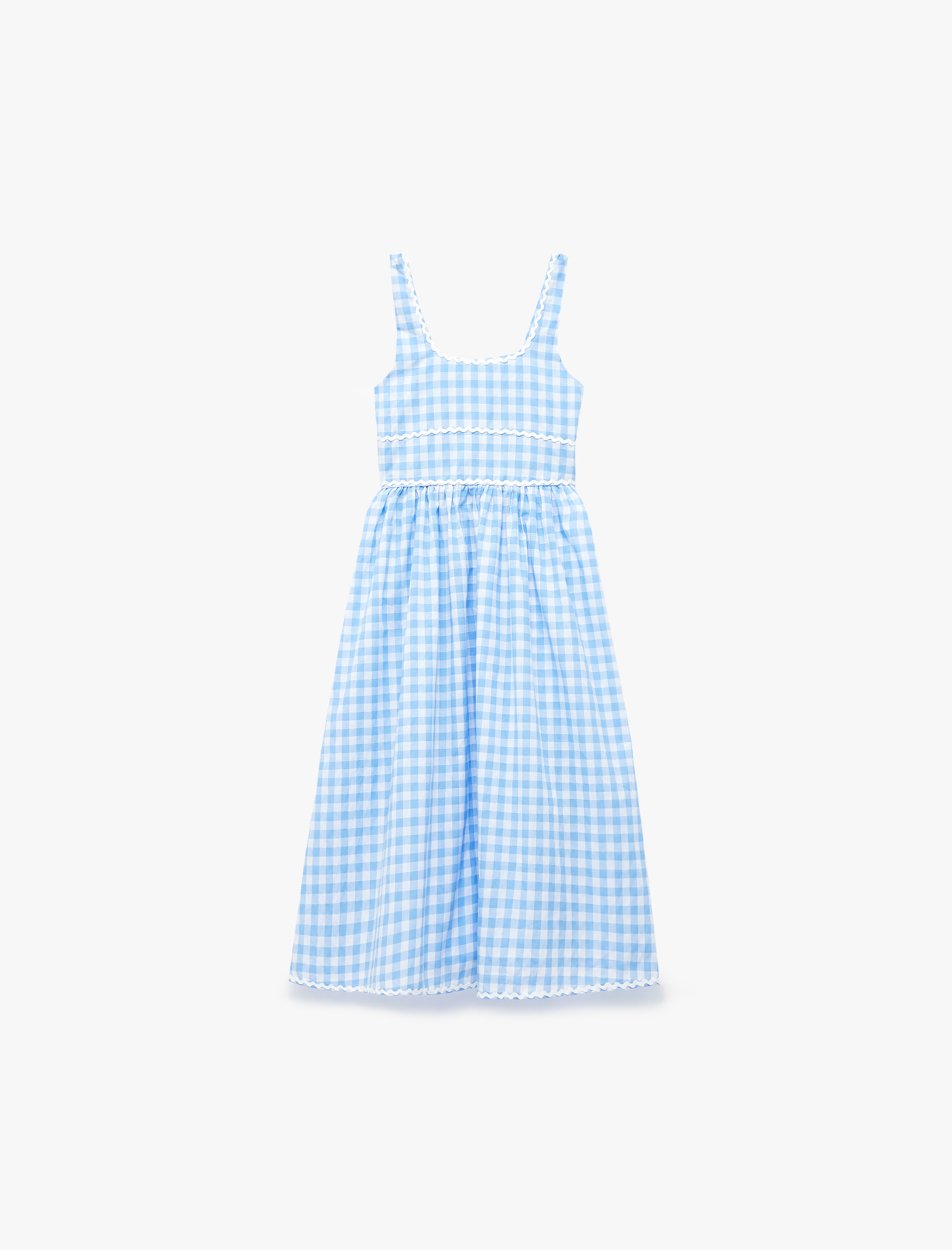  Kız Çocuk Kare Yaka Pamuklu A Kesim Ekoseli Askılı Midi Elbise