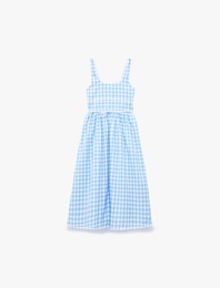 Kare Yaka Pamuklu A Kesim Ekoseli Askılı Midi Elbise