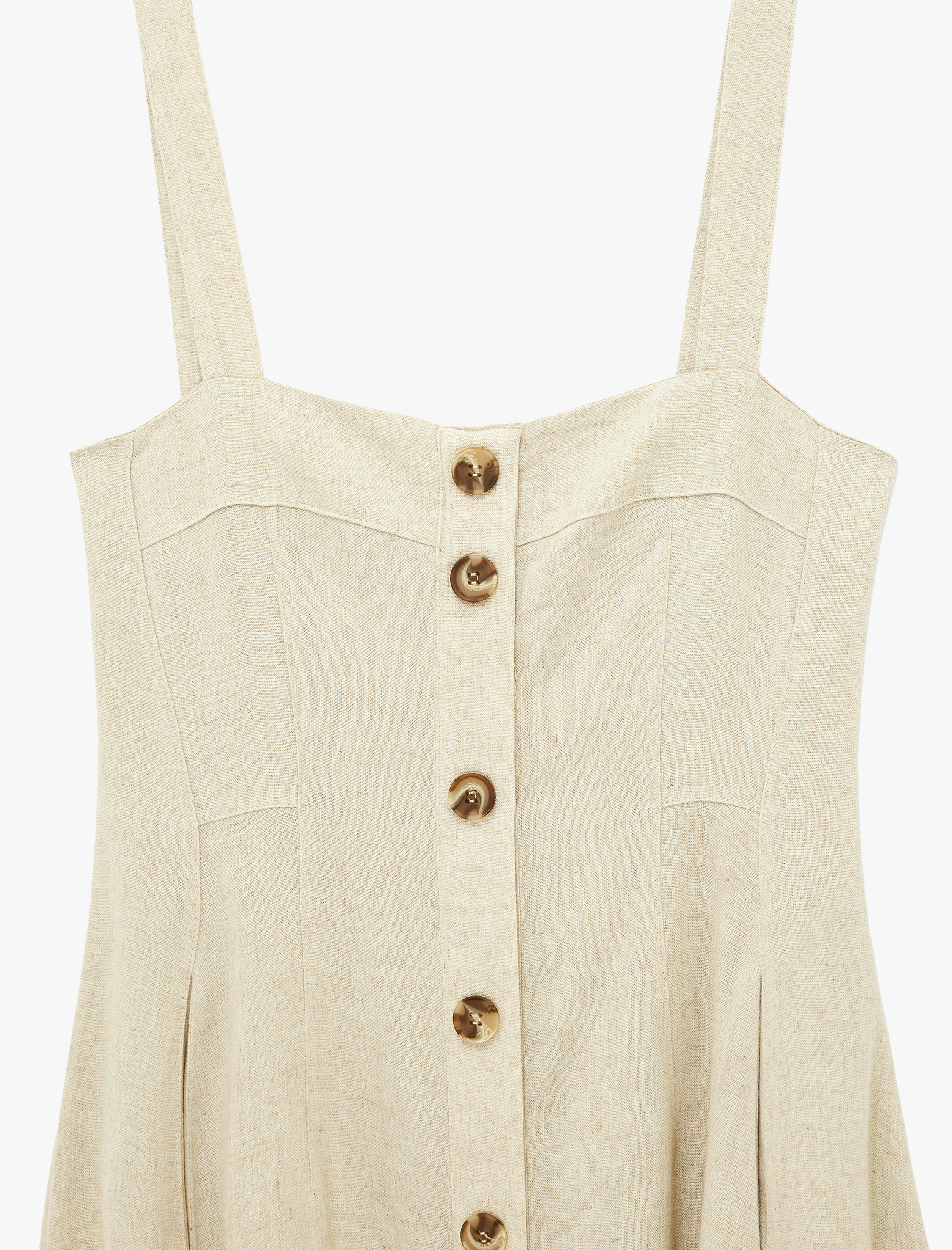   Keten Viskon Karışımlı Kare Yaka Midi Boy Düğmeli Askılı Kloş Elbise