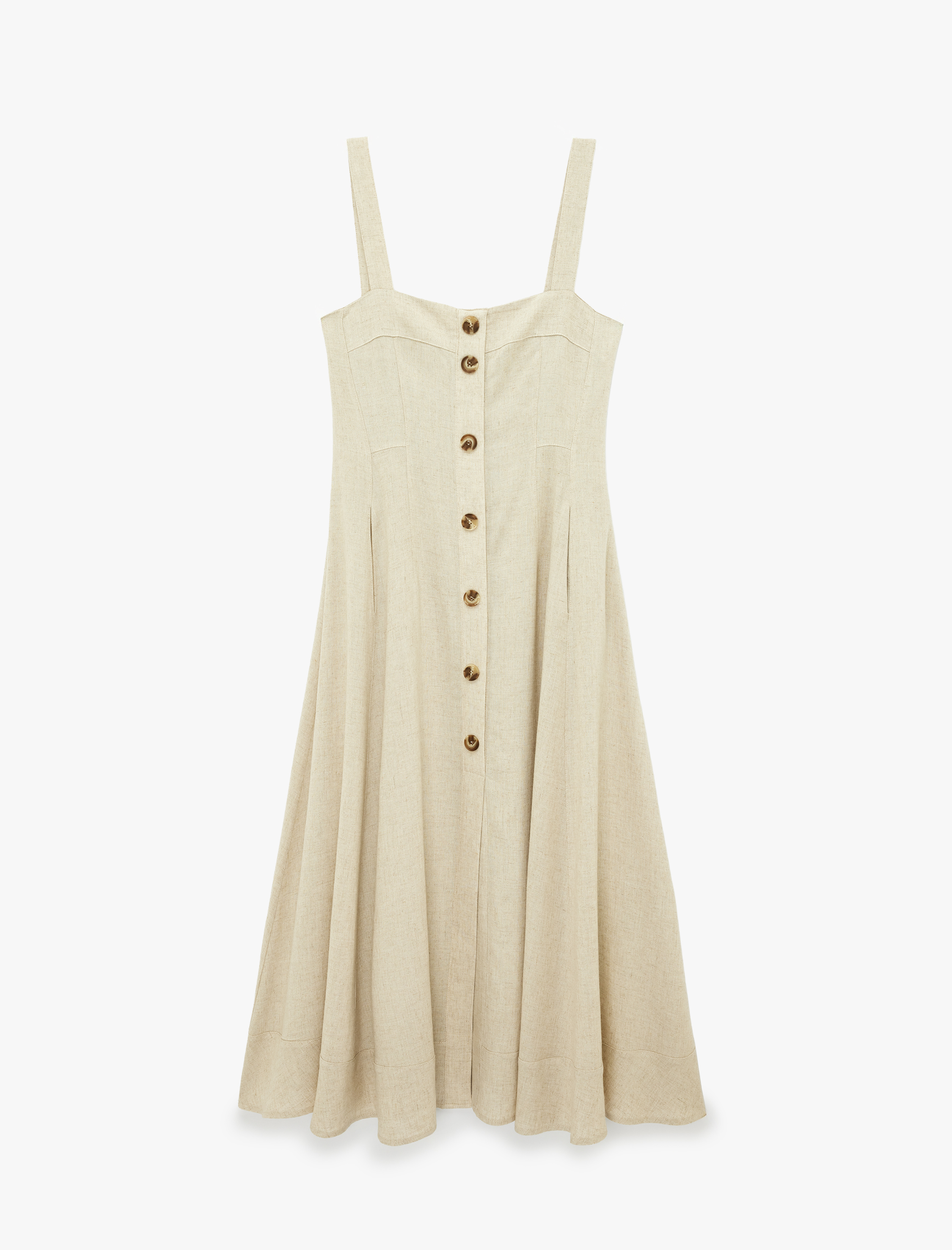   Keten Viskon Karışımlı Kare Yaka Midi Boy Düğmeli Askılı Kloş Elbise