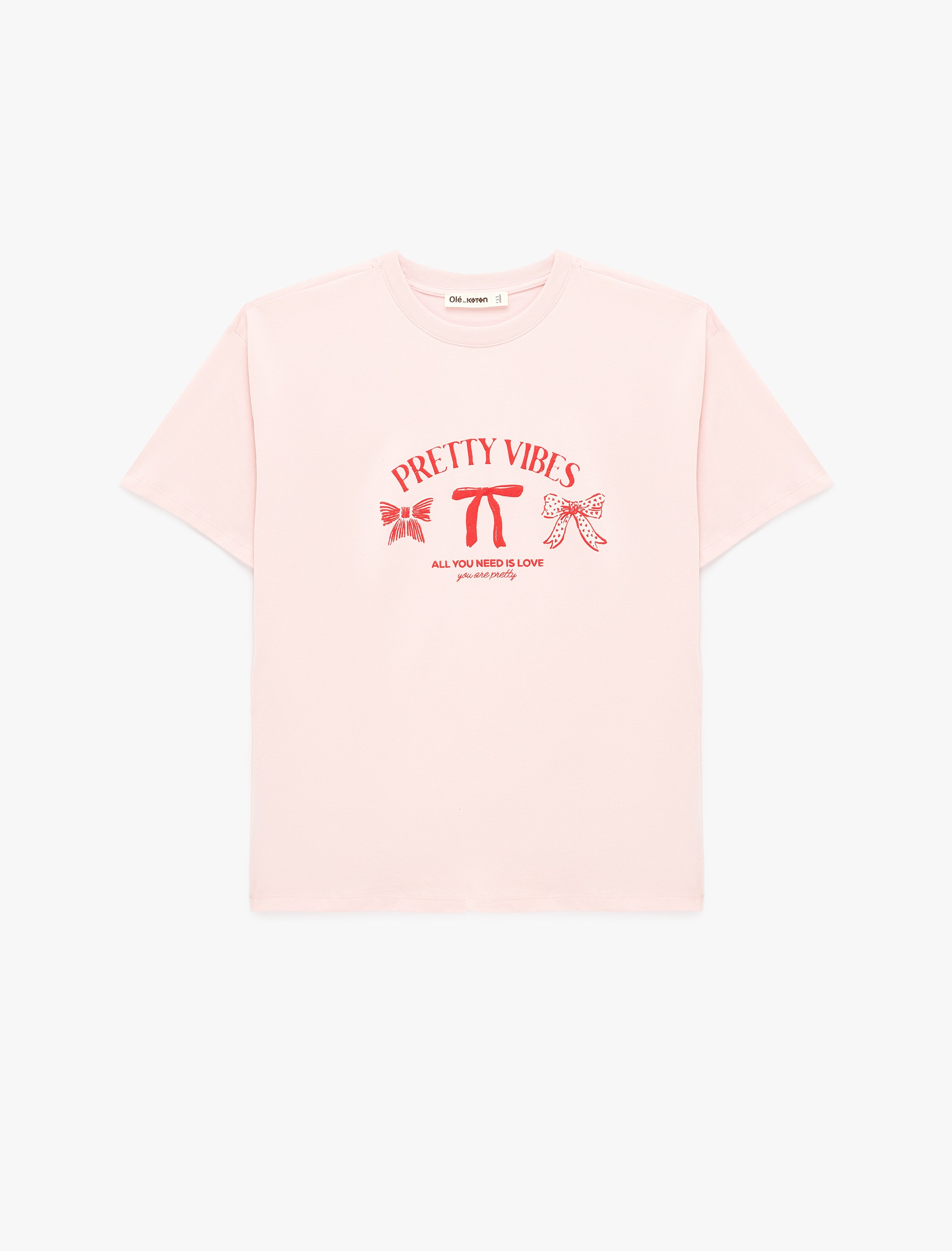   Rahat Kalıp Kısa Kollu Bisiklet Yaka Pamuklu Fiyonk Baskılı Tişört