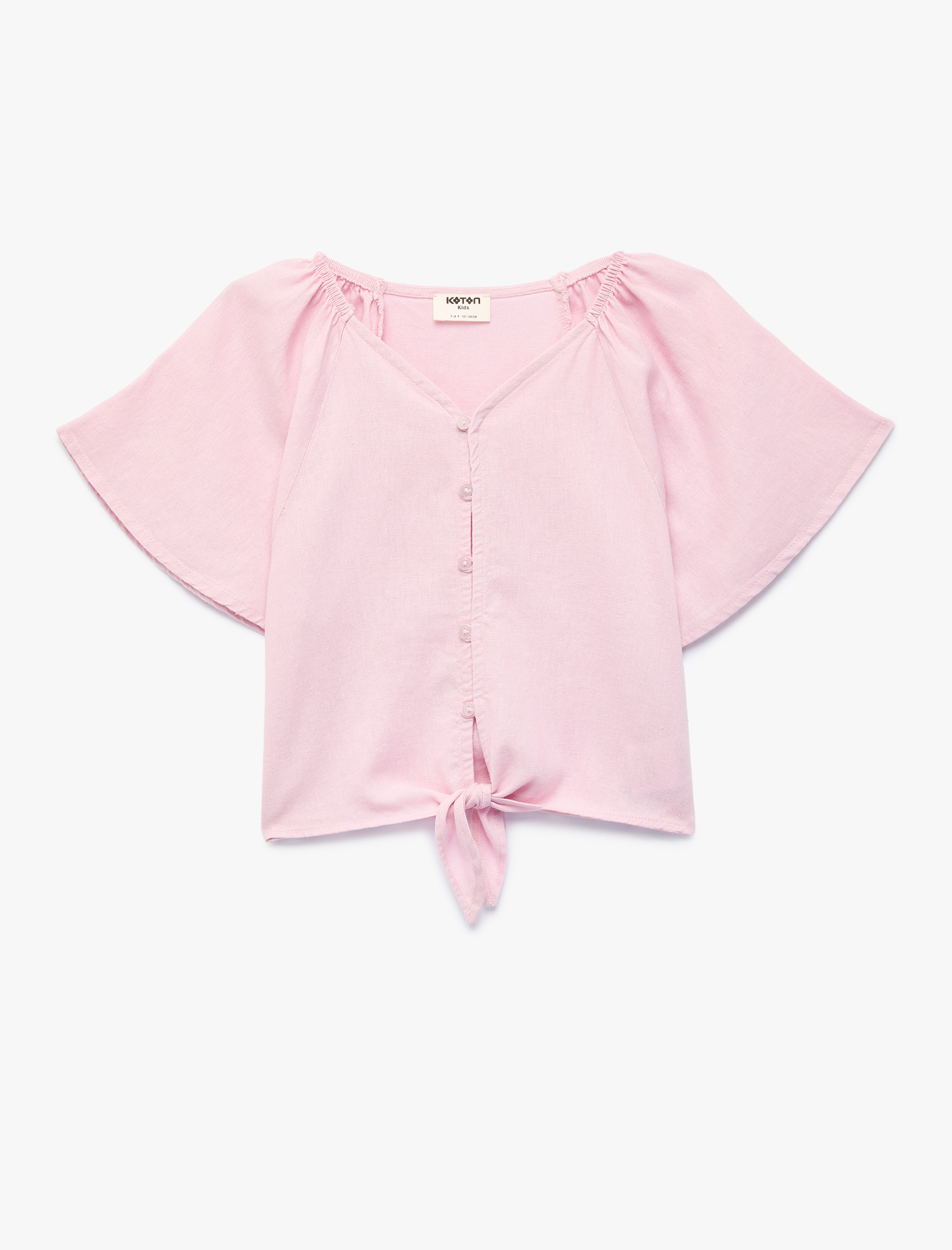  Kız Çocuk Kısa Kollu V Yaka Keten ve Viskon Karışımlı Bağlamalı Bluz